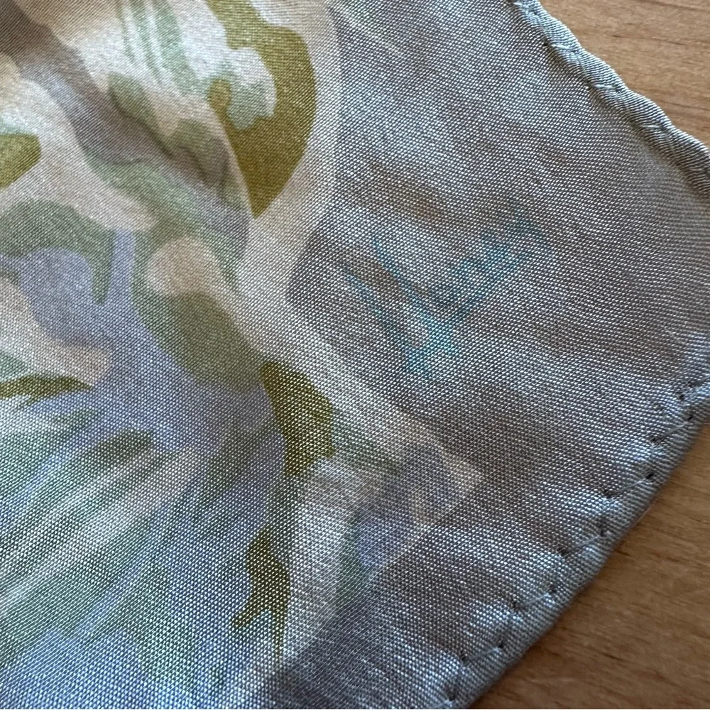 Floral Patterned Vintage Silk Rectangular Scarf in Blue and Silver